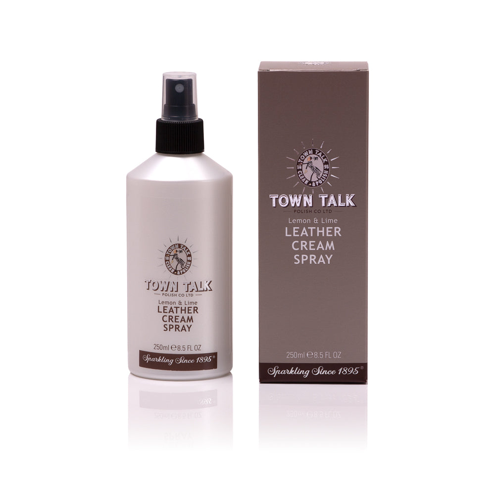Town Talk Polish Lemon and Lime Leather Cream Spray 250ml Bottle and Packaging