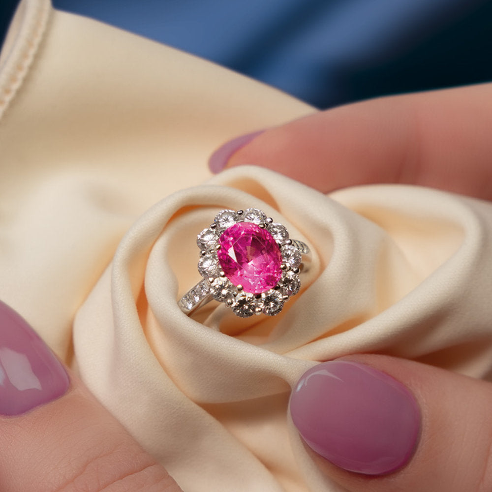 Pink Gemstone and Diamond Ring on Silk Cloth