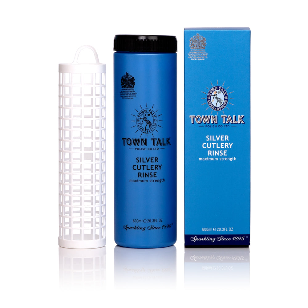 Town Talk Polish Silver Cutlery Rinse Maximum Strength 600ml Bottle with Dipping Basket and Packaging