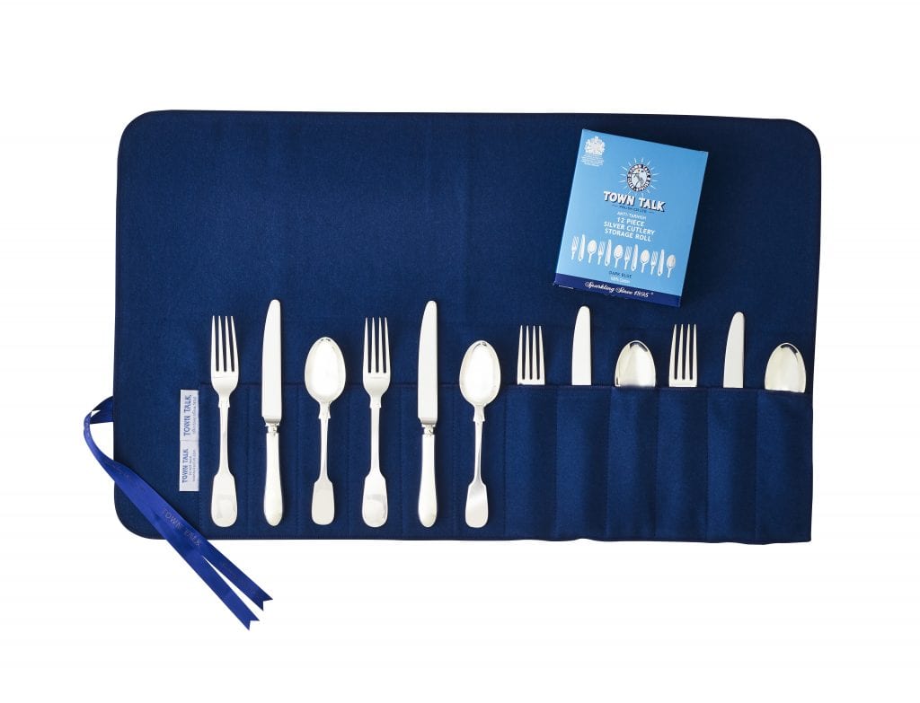 Town Talk Polish Anti-Tarnish 12 Piece Silver Cutlery Storage Roll Open with Full Place Setting and Packaging