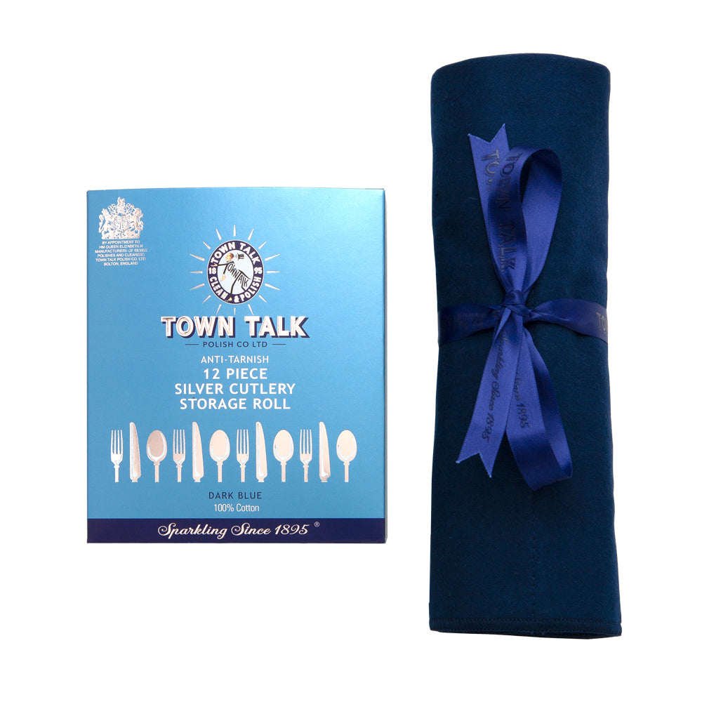 Town Talk Polish Anti-Tarnish 12 Piece Silver Cutlery Storage Roll Dark Blue 100% Cotton Rolled with Ribbon and Packaging